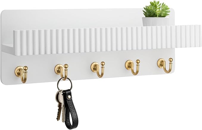 Key Holder Wall Mount, 14" Wooden Entryway Key and Mail Organizer with 5 Metal Hooks, Decorative Key Hanger Rack for Hallway 
