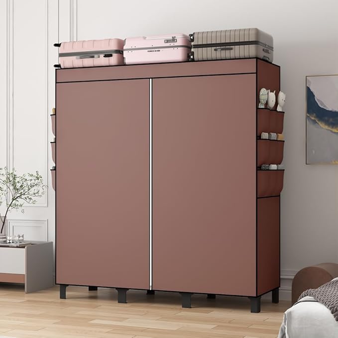 Portable Wardrobe, Easy Hanging Closet 6 Side Pockets Large Capacity Clothes Organizer Comes with 2 Hanging Poles and Storage