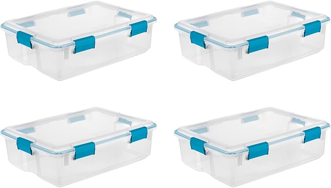 Sterilite 4-Pack Gasket Box, Home Storage Organizer Bins with Lids, 37 Quart – Stackable Clear Plastic Containers for Bedroom