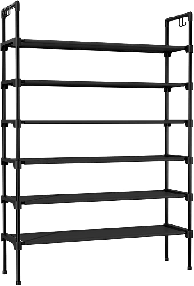 LANTEFUL 6 Tier Shoe Rack for Closet Shoe Organizer with 5 Hooks, Long Shoe Shelf Storage for Shoe and Boot Stackable Free St