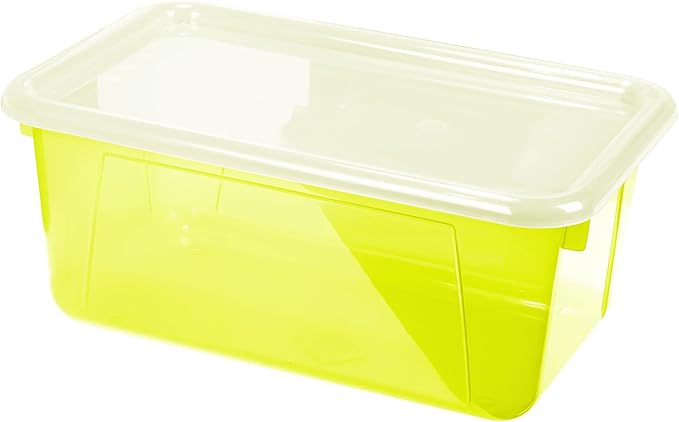 Storex Small Cubby Bins – Plastic Storage Containers for Classroom with Non-Snap Lid, 12.2 x 7.8 x 5.1 inches, Tint Yellow, 5