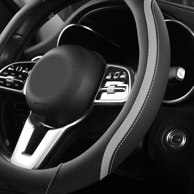 Car Steering Wheel Cover, Leather Steering Wheel Cover Grey Universal 14.5-15 Inch Microfiber Leather Anti-Slip Breathable Au