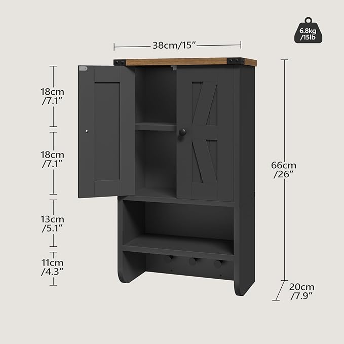 MAHANCRIS Bathroom Wall Cabinet, Farmhouse Medicine Cabinet with Adjustable Shelf, 3-Tier Wall-Mounted Storage Cabinet with 3
