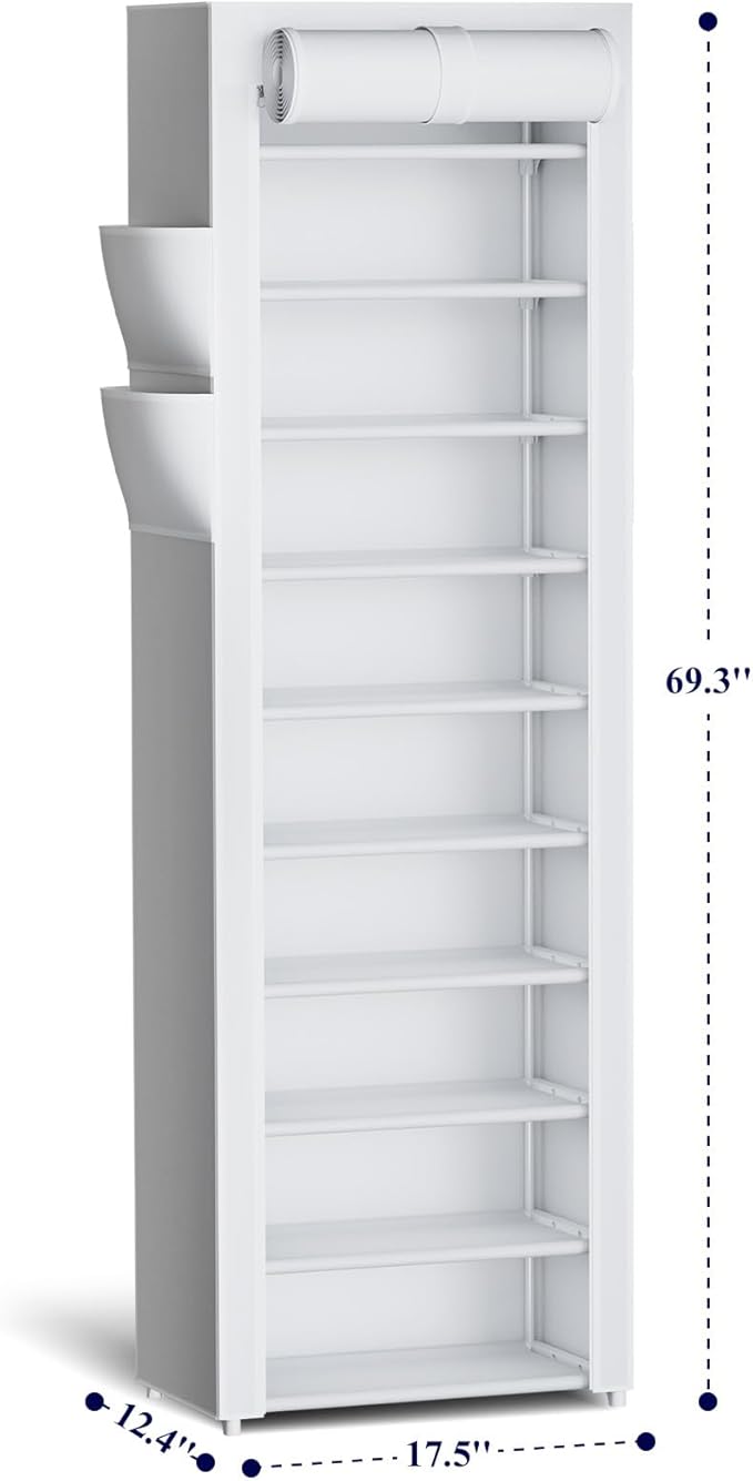 Kitsure Shoe Rack - 10-Tier Large Capacity Shoe Organizer Shelf with Dust Cover & Side Pockets, Rust-Proof Metal Shoe Rack fo