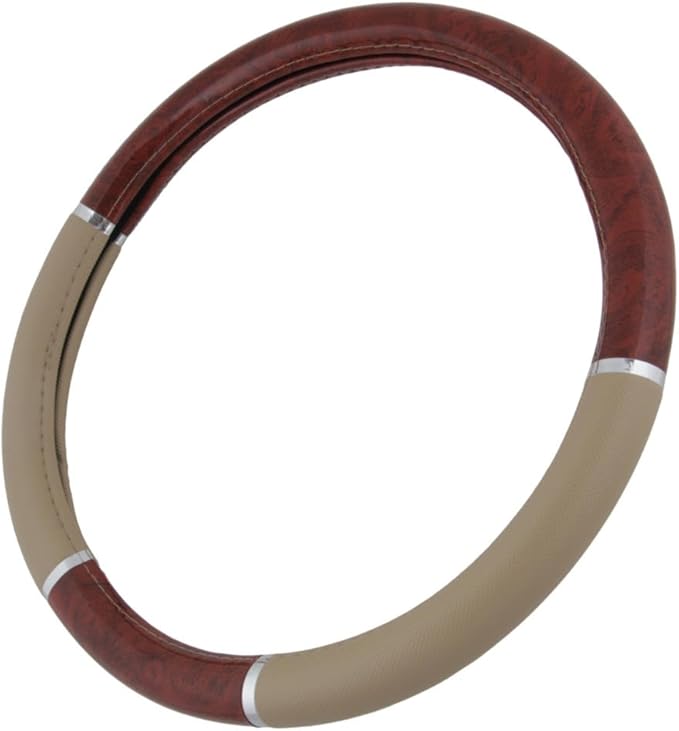 BDK Dark Wood Grain Car Steering Wheel Cover, Standard 15 inch with Beige Faux Leather Grip, Made to Fit Most Auto Truck Van 
