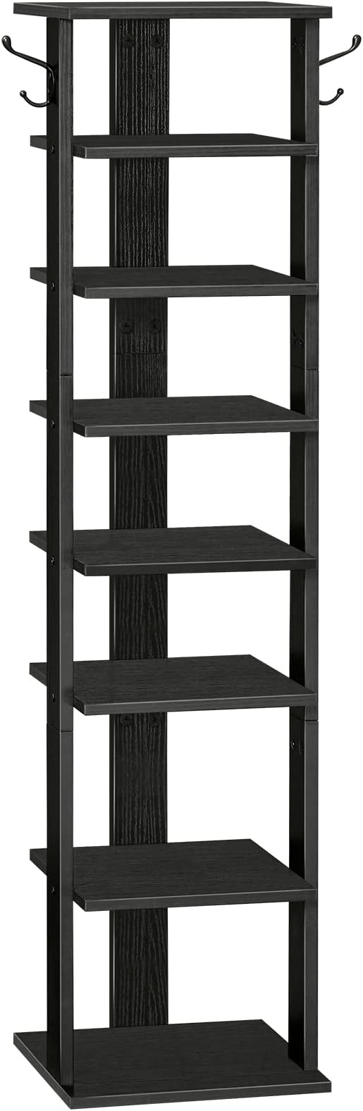 HOOBRO 8 Tiers Vertical Shoe Rack, Wooden Shoe Storage Organizer with Hooks, Narrow Shoe Tower for 8 Pairs, Space Saving, for