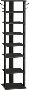 HOOBRO 8 Tiers Vertical Shoe Rack, Wooden Shoe Storage Organizer with Hooks, Narrow Shoe Tower for 8 Pairs, Space Saving, for