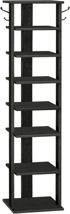 HOOBRO 8 Tiers Vertical Shoe Rack, Wooden Shoe Storage Organizer with Hooks, Narrow Shoe Tower for 8 Pairs, Space Saving, for