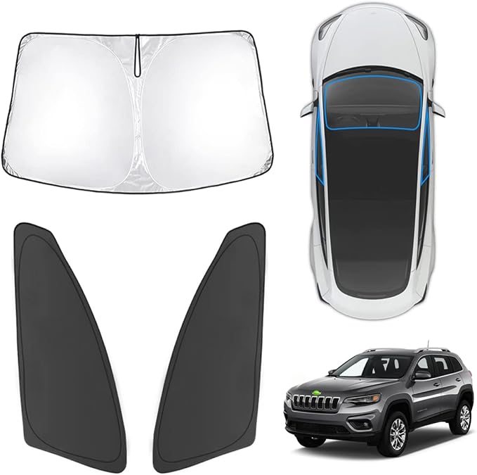 Karltys 3PCS Windshield Sun Shade for 2014-2024 Jeep Cherokee, Front and Side Window Sunshade Cover Custom Fit Cherokee, Foldable Sun Visor Protector Keep Your Car Cool, Thick 210T Material