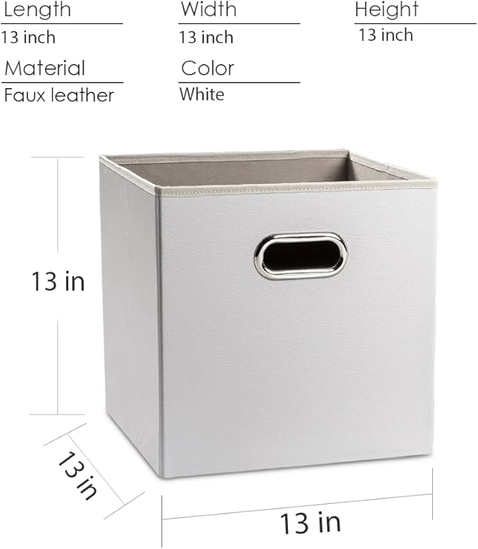 PRANDOM Leather Foldable Cube Storage Bins 13x13 inch [4-Pack] Fabric Storage Baskets Cubes Drawer with Cotton Handles Organi