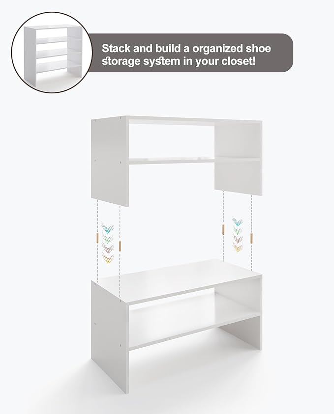 2-Tier Stackable White Shoe Rack, Wooden 2-Shelf Shoe Organizer Freestanding Shoe Storage Stand for 6-9 Pairs, Perfect for Cl