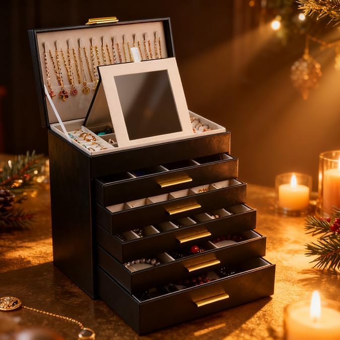 BOOVO Jewelry Boxes for Women, White and Black 6 Layer Large Jewelry Box for Necklace, Bracelet, Earrings, Rings Storage, Jew