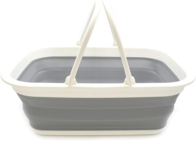 SAMMART SAMMART 9.2L (2.37Gallon) Collapsible Tub with Handle - Portable Outdoor Picnic Basket/Crater - Foldable Shopping Bag - Space Saving Storage Container (1, White/Grey)