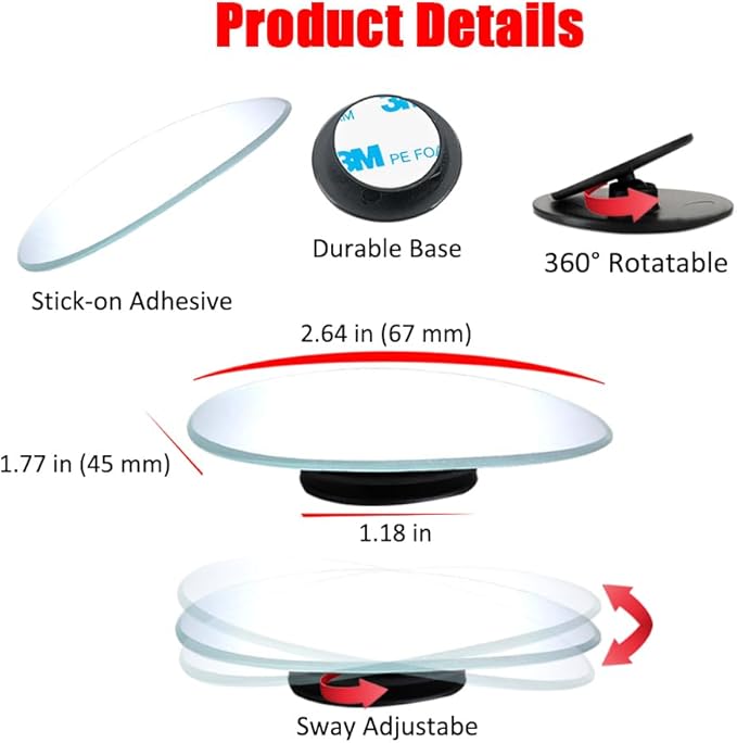 Ampper Blind Spot Mirror Oval, HD Glass Frameless Stick on Adjustabe Convex Wide Angle Rear View Blind Spot Car Mirror for Car Blind Spot, Pack of 4