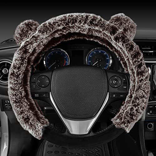BDK Bear Fur Steering Wheel Cover, Plush Faux Fur Fuzzy Steering Cover for Car Truck Van SUV, Standard Size Fits Wheels 14.5-
