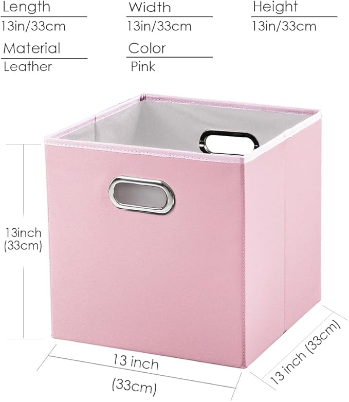 PRANDOM Leather Foldable Cube Storage Bins 13x13 inch [4-Pack] Fabric Storage Baskets Cubes Drawer with Cotton Handles Organi
