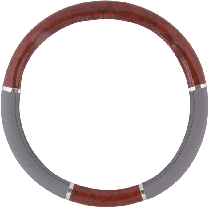 BDK Dark Wood Grain Car Steering Wheel Cover, Standard 15 inch with Gray Faux Leather Grip, Made to Fit Most Auto Truck Van S