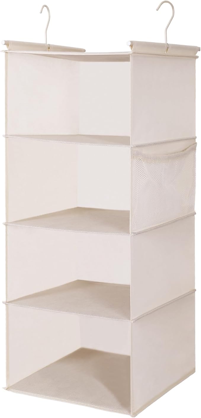 MAX Houser 4 Tier Shelf Hanging Closet Organizer, Space Saver,Closet Hanging Shelf with 2 Sturdy Hooks for Storage, Foldable 