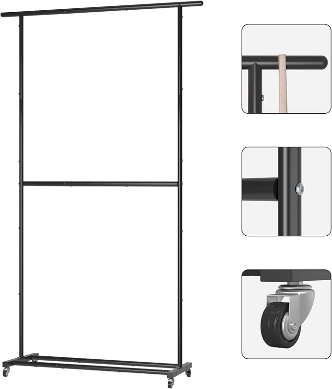 Sywhitta Double Rod Clothing Garment Rack, Rolling Clothes Organizer on Wheels for Hanging Clothes, Easy to Assemble, Adjusta