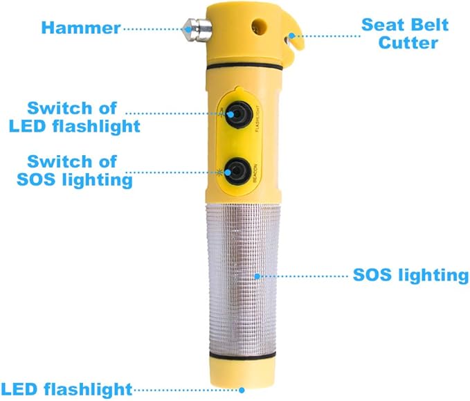 Multi-fuction Car Hammer Car Emergency Window Breaker and Seatbelt Cutter Car Escape Tool with Flashlight and Beacow Light