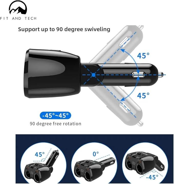 USB Car Charger Pro Combo 2 Sockets Cigarette Lighter Splitter 12/24V 80W Dual USB Type-C Ports Separate Switch LED Voltage Display Built-in Replaceable 10A Fuse Compatible Mobile Phone GPS Dash Cam