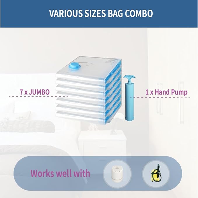 7 Pack Jumbo Space Saver Vacuum Storage Bags for Clothing Travel, Vacuum Seal Compression Bags for Clothes, Packing, Luggage,