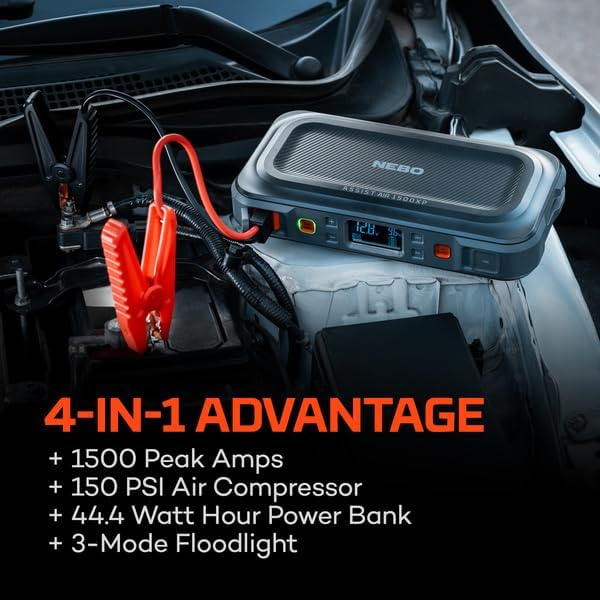 NEBO Assist Air 1500XP Jump Starter and Air Compressor | 44.4Wh Power Supply Box Restarts 12V Battery Vehicles, 150 PSI Air