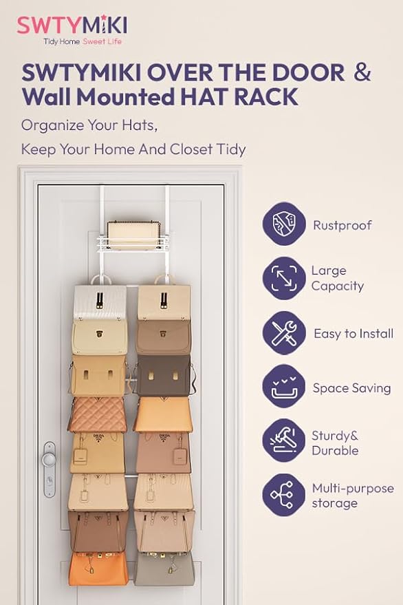 SWTYMIKI Over the Door Purse Organizer - Wall Mounted Handbag Organizer with 16 Hooks and Metal Basket, Hanging Purse Storage
