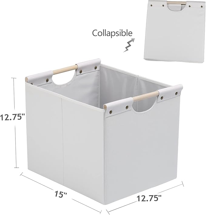 HOONEX Large Collapsible Storage Bins, Linen Fabric, Pack of 2, Storage Baskets with Wooden Carry Handles and Sturdy Heavy Ca