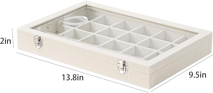 Coward Jewelry Organizer Box, Beige Velvet 24 Grids Ring Earring Jewelry Display Tray Case with Transparent Glass Lid for Hom