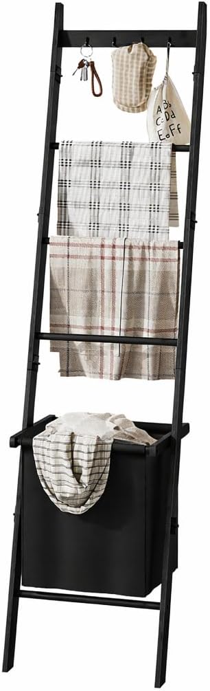 BAMBANG Bamboo Blanket Ladder with Basket, 5-Tier Quilt Rack Stand with 4 Hooks & Storage Hamper for Living Room Bathroom, Wa