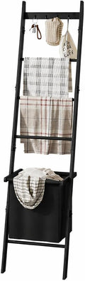 BAMBANG Bamboo Blanket Ladder with Basket, 5-Tier Quilt Rack Stand with 4 Hooks & Storage Hamper for Living Room Bathroom, Wa