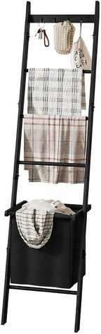 BAMBANG Bamboo Blanket Ladder with Basket, 5-Tier Quilt Rack Stand with 4 Hooks & Storage Hamper for Living Room Bathroom, Wa