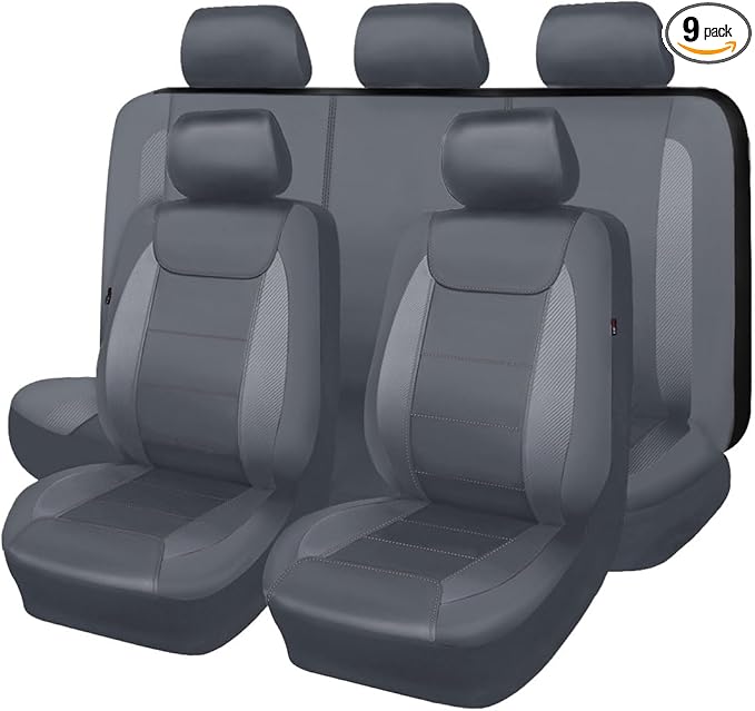 Flying Banner car seat Covers Protects Water Proof Faux Leather Carbon Fiber Front and Rear Bench Split 40/60 50/50 60/40(Gra