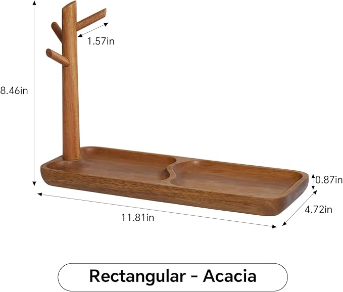 Solid Acacia Wood Key Tray and Bowl for Entryway Table - Jewelry Tray With 3 Hooks, Open Storage for Wallet, Glasses, Watches