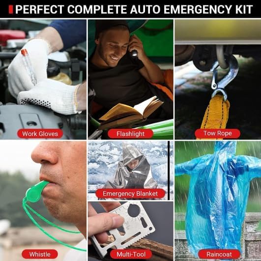Car Emergency Kit with Jumper Cables, Roadside Safety Emergency Car Kit for Vehicle Truck Motorcycle - Gifts for Men Women Te