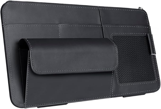 Car Visor Organizer, Multi-Pocket Sunvisor Storage with Sunglass Holder, Document Holder and Visor Card Clip, Fit for AUTO SUV & Truck, Leather Car Accessories Interior (Black)