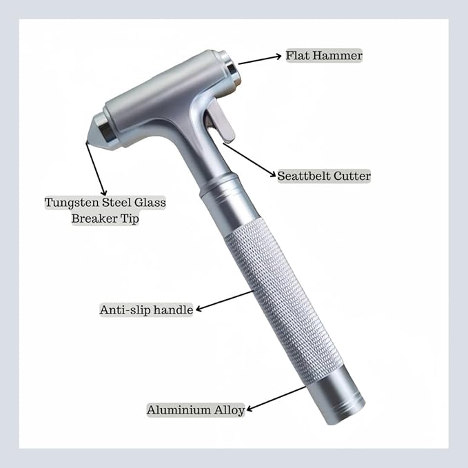 3-in-1 Car Safety Hammer - Belt Cutter, Glass Breaker and Hammering Function - Emergency Escape Tool