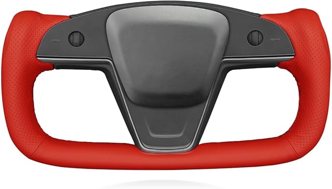 MEWANT Hand Stitched Red Leather Tesla Model S Yoke Steering Wheel Cover Wrap for Tesla Model S 2021-2023 / Model X 2021-2023 Tesla Yoke Steering Wheel Accessories