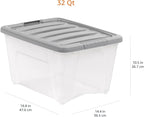 Amazon Basics Plastic Storage Containers with Secure Latching Lids, Stackable Organization Bins, Clear/Grey, 32 Quart, Set of