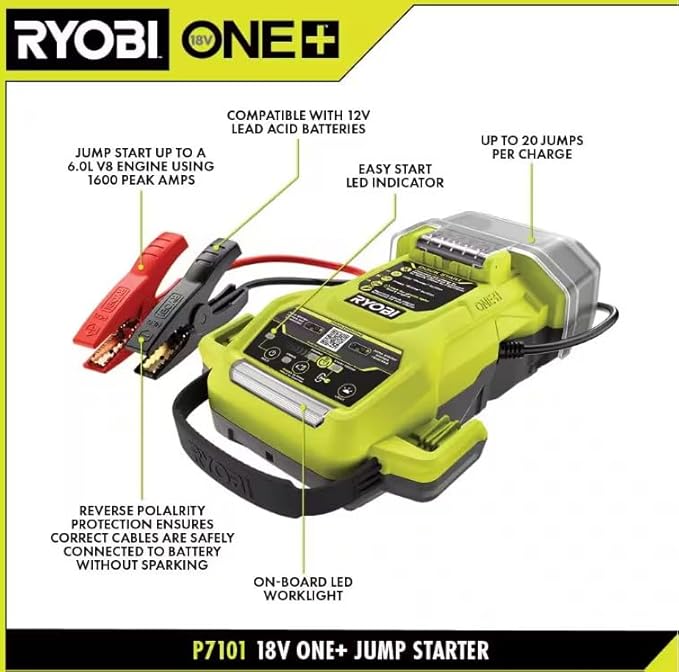 RYOBI ONE+ 18V Cordless 1600A Jump Starter with LED Work Light Kit with 2.0 Ah Battery and Charger