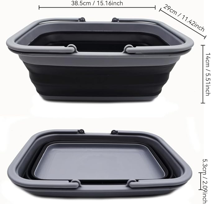 SAMMART Collapsible Washing Tub with Handles 9.2L (2.37Gallon) - Portable Outdoor Picnic Basket/Crate - Foldable Space Saving Storage Container for Dishing, Camping & Home (1, Dark Grey/Black)