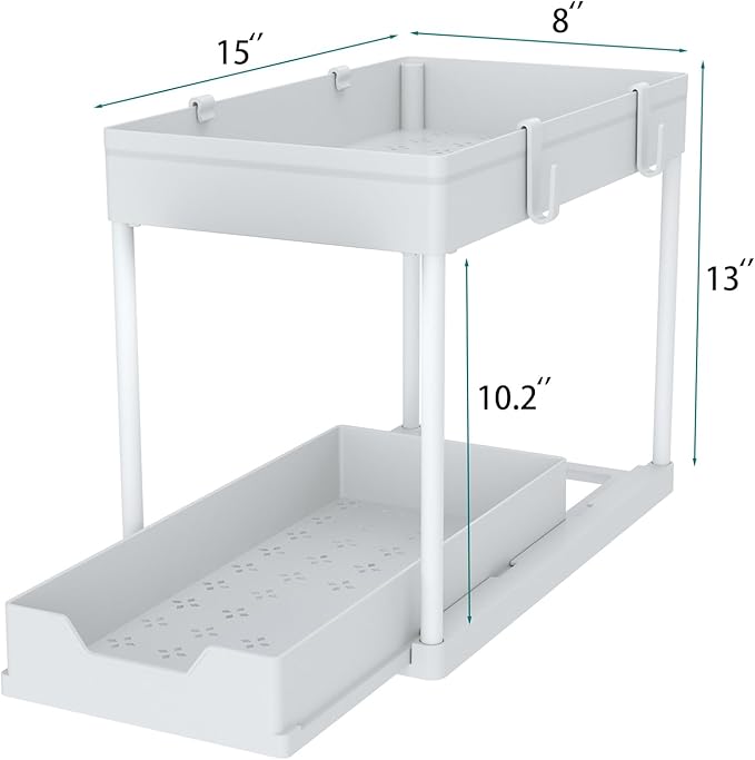 DEKAVA Cabinet, 2 Pack Under Sink Organizer, 2 Tier Sliding Bathroom Kitchen Organizer, Large White ABS Baskets, Easy Install