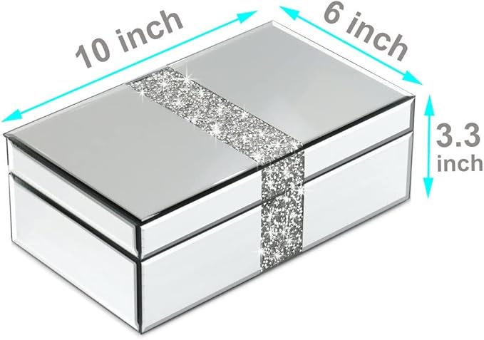 QMDECOR Luxury Middle Silver Bling Crushed Diamond Glass Mirrored Jewelry Box Women Jewelry Organizer Storage Box For Gift
