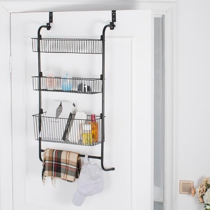 Fancial Over The Door Organizer, Metal Organizer, 3-Layer Hanging and Wall-Mounted mesh Baskets, Easy to Install,Black