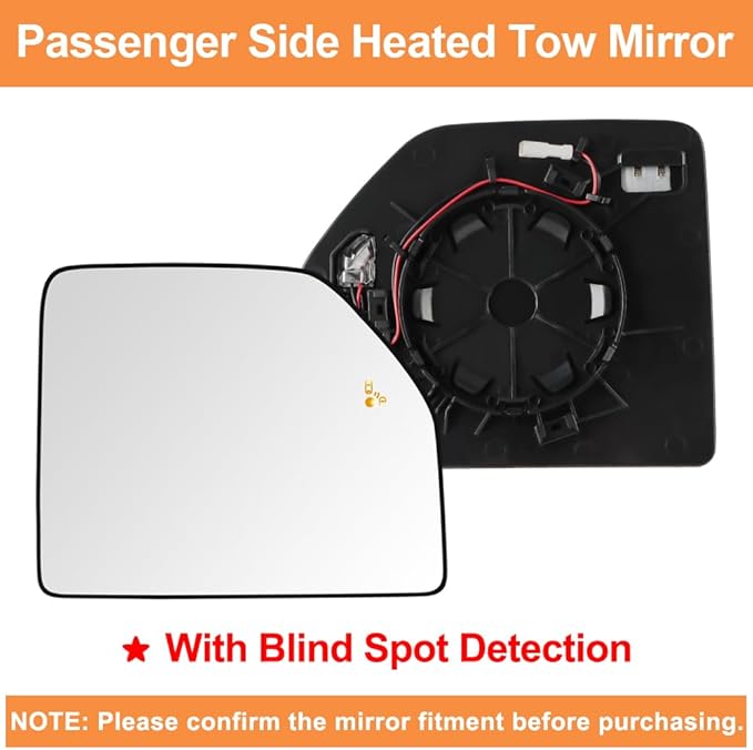 Senzeal Passenger Side Heated Mirror Glass with Blind Spot Detection BLIS for Ford F150 2015-2020 Ford F250 F350 F450 F550 2017-2022 Upper Tow Mirror (Right Side)