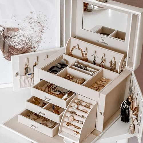 Vlando Jewelry Box Organizer for Girls Women, Large Vintage Jewelry Storage Box with Mirror, Drawers for Bracelets, Earrings,