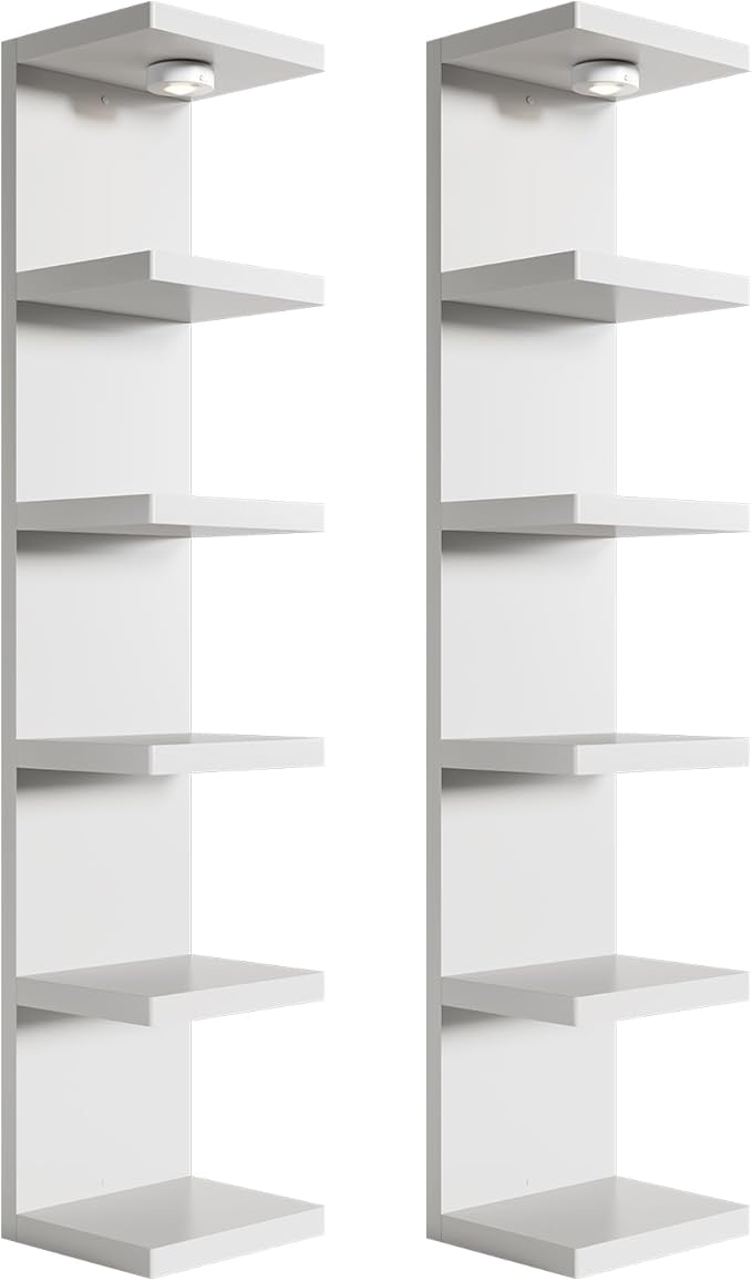 2 Pack 6-Tier Versatile Wall Shelf Unit with USB Rechargeable Led Light (Remote Controlled),Vertical Floating Display Shelves