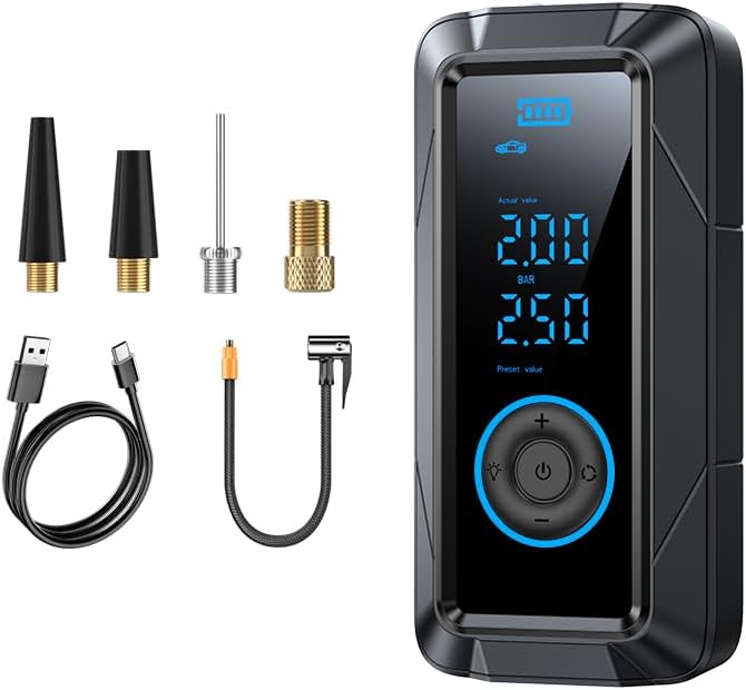 Tire Inflator Portable Air Compressor Portable Air Pump Cordless Bike Pump with Digital Dual Values Display 150 PSI Car Tires Pump with LED Lights Air Pump