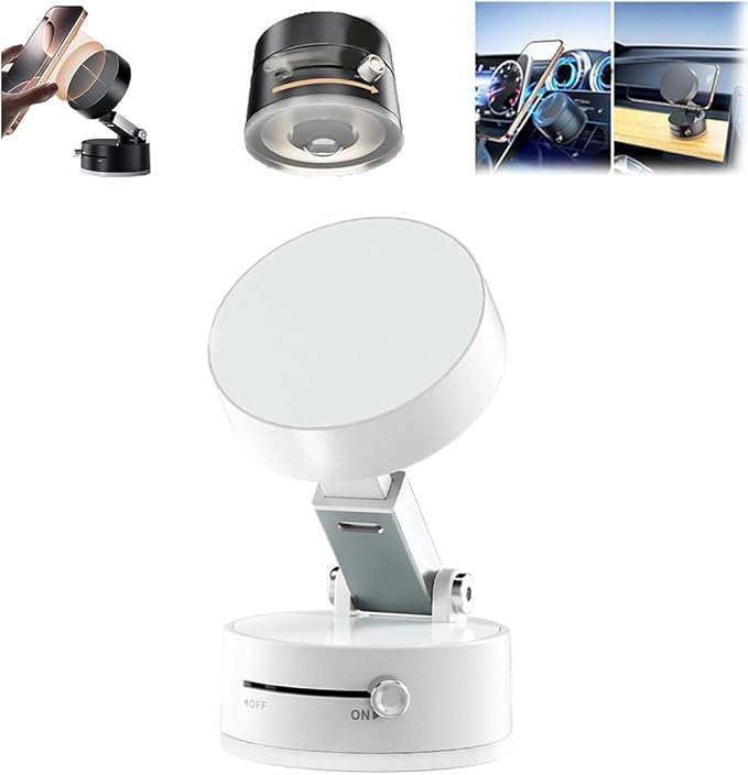 Foldable Magnetic Vacuum Phone Holder, 360° Electric Suction Car Mount, Double-Sided Swivel Stand for Car, Mirror, Gym, Kitchen, Hands-Free Portable Phone Holder (Wihte)